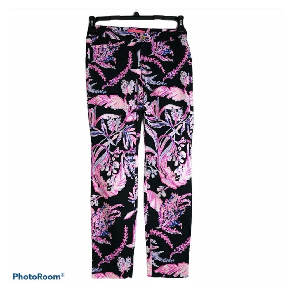 Lilly Pulitzer Women's 4 Kelly Ankle Pants Black Pink Purple Wildflower Floral - Picture 4 of 13